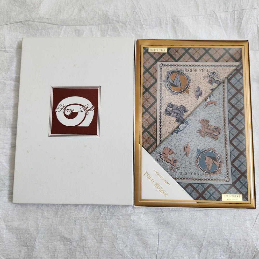Vintage Polo Horse Cotton Handkerchief Scarf Equestrian Carriage Blue Tan Boxed